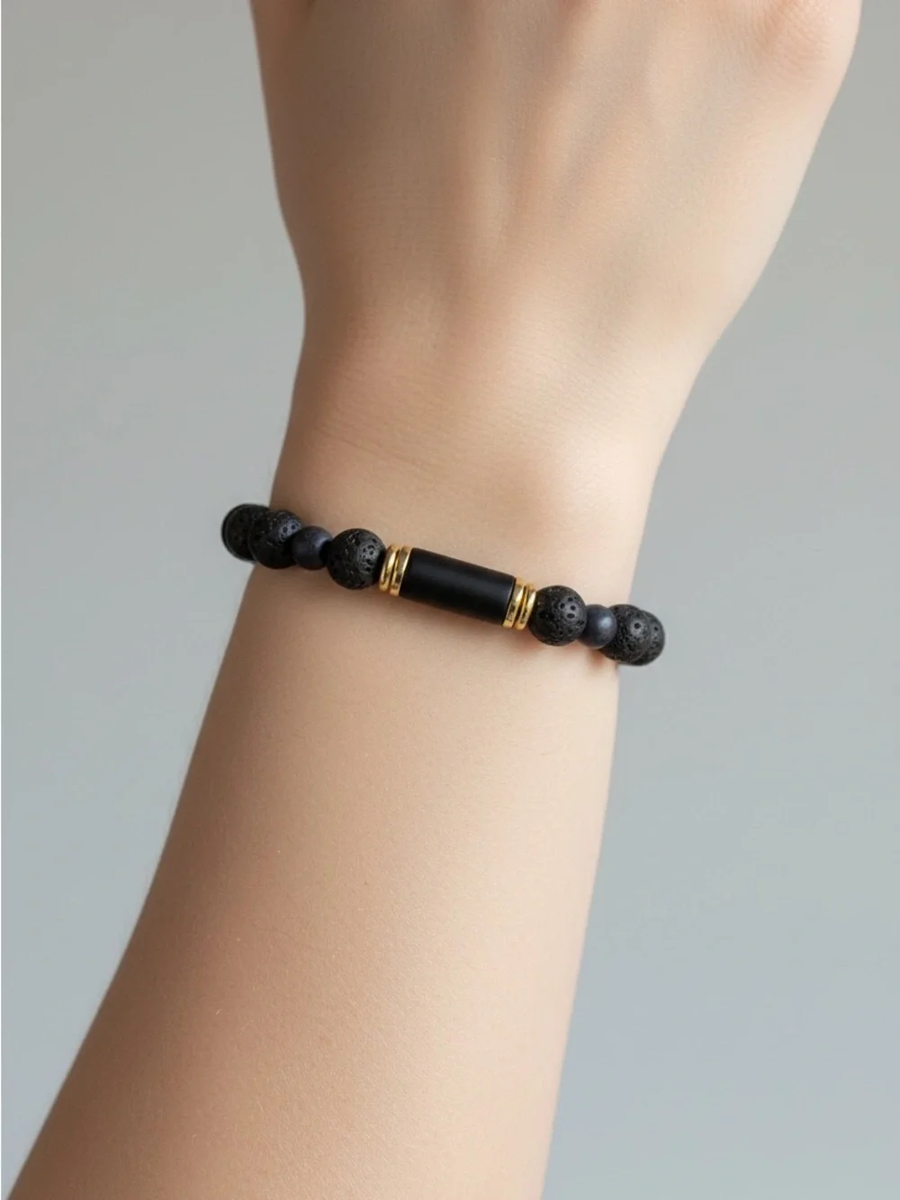 9/11 Black Lava Stone Beaded Bracelet with Gold Accent - Men Accessories